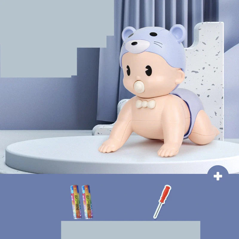 Electric crawler baby doll in blue and pink, encouraging early crawling skills