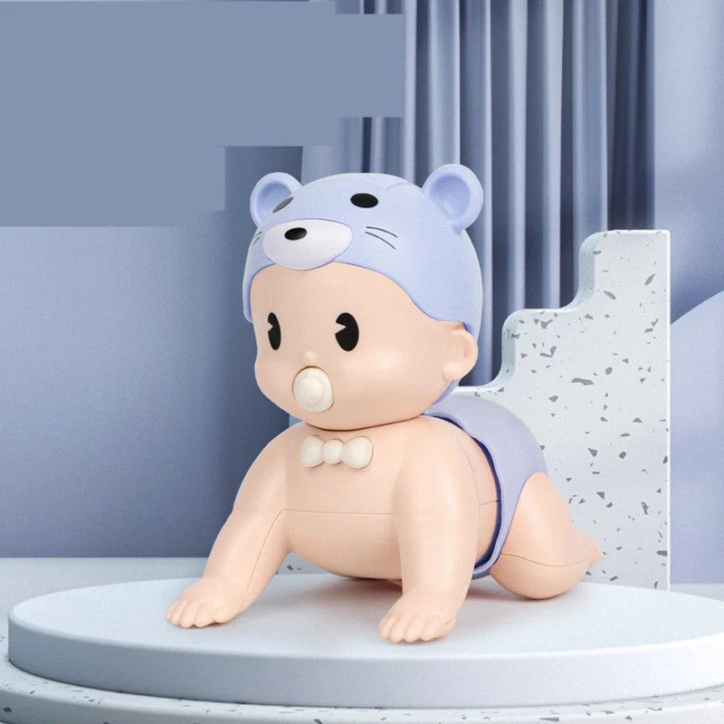 Electric crawler baby doll in blue and pink, encouraging early crawling skills