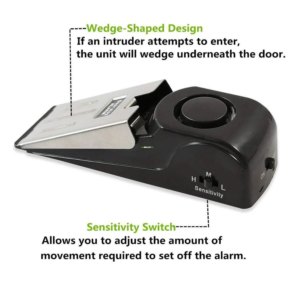 Wedge-shaped home security alarm with ABS construction and loud siren to deter intruders