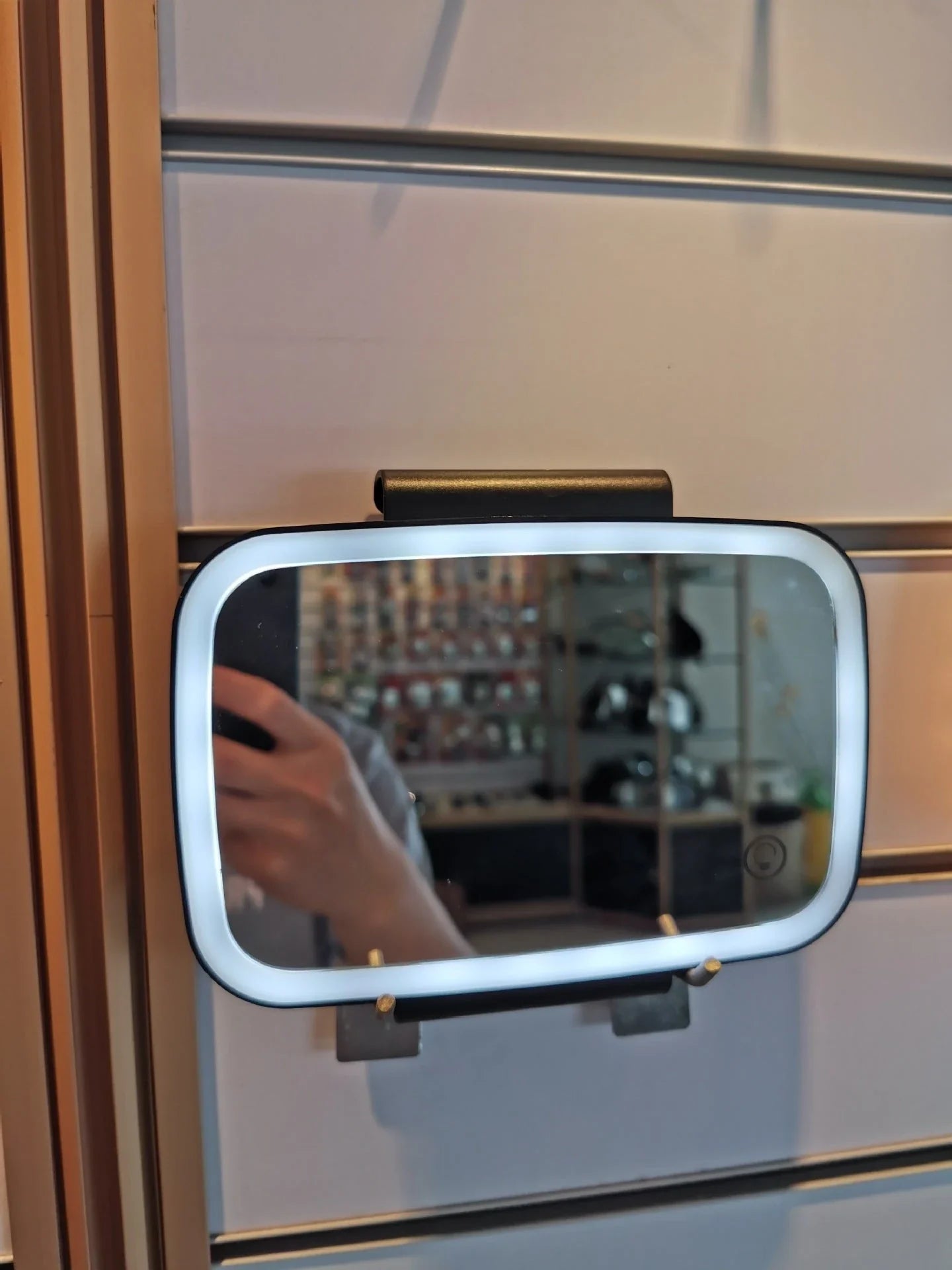 Premium in-car makeup mirror with 21 LED lights for flawless application, adjustable brightness, and discreet sun visor mount