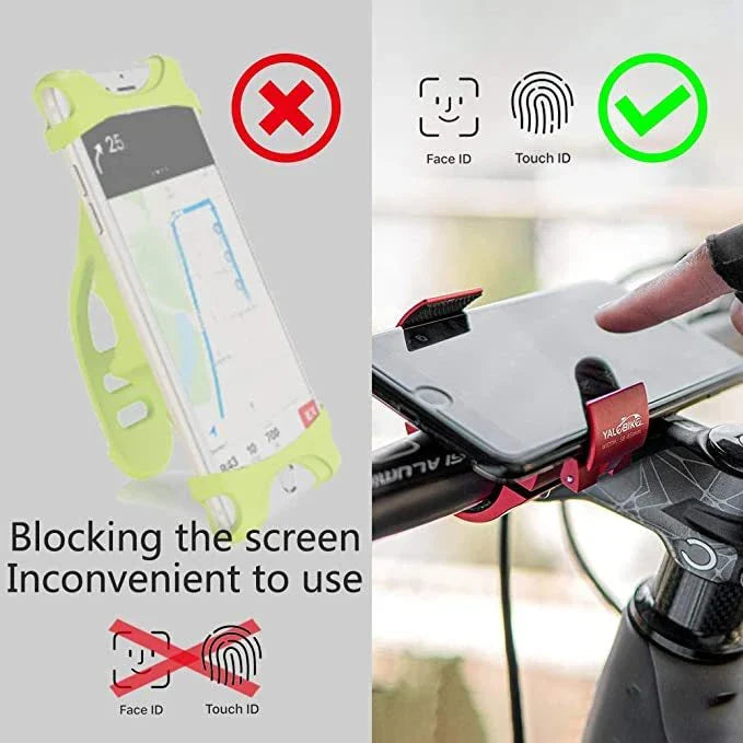 Robust folding bicycle phone holder made of aluminium alloy with shock-absorbing silicone pads for secure and hands-free cycling in the UK
