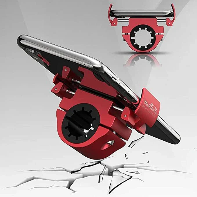 Robust folding bicycle phone holder made of aluminium alloy with shock-absorbing silicone pads for secure and hands-free cycling in the UK
