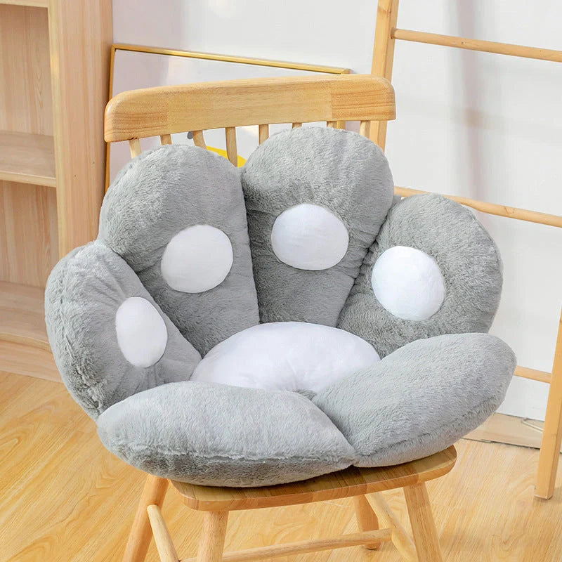 Plush office chair cushion with adorable paw-shaped design in various colors and sizes
