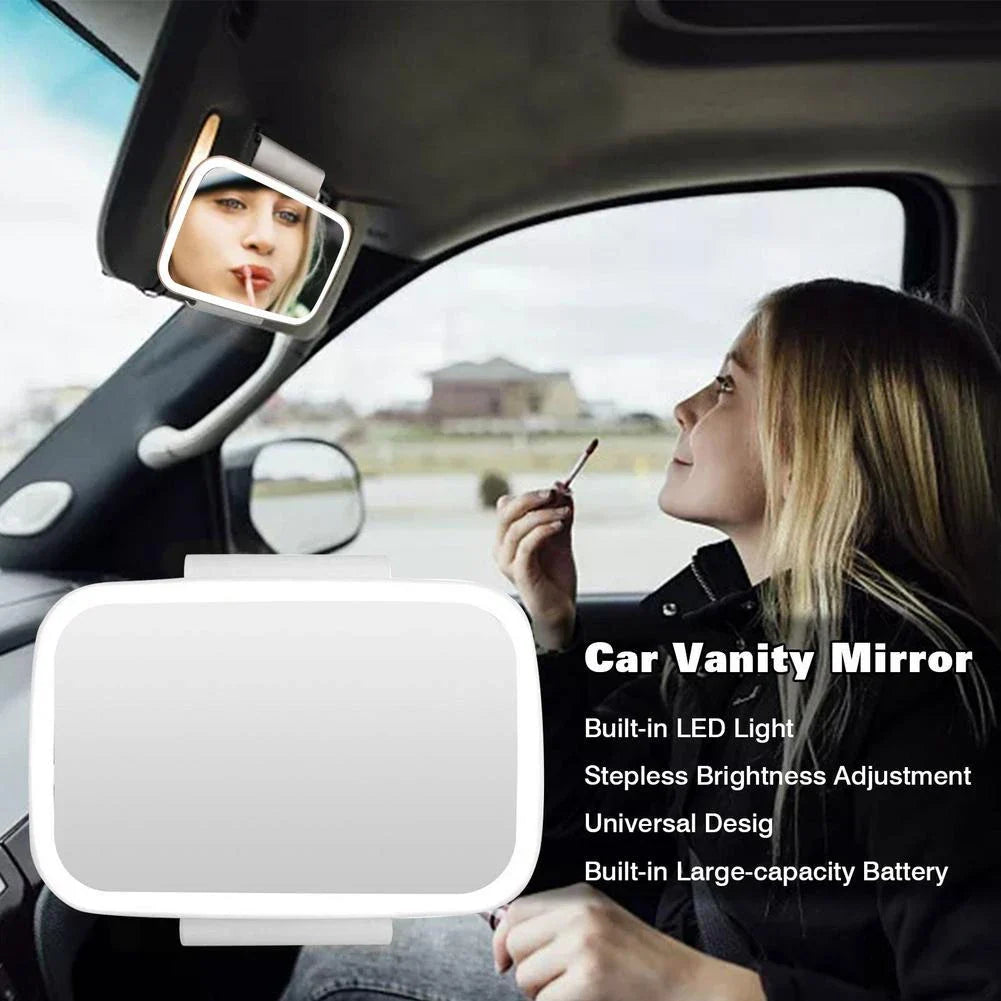 Premium in-car makeup mirror with 21 LED lights for flawless application, adjustable brightness, and discreet sun visor mount