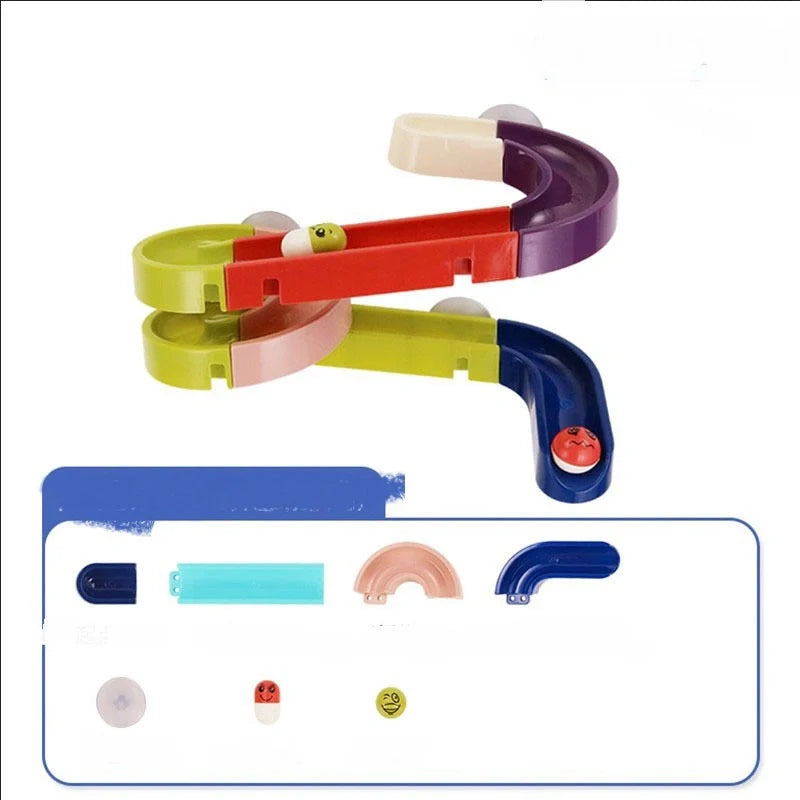 DIY baby bath toys set with marble race run track and automatic sprinkler