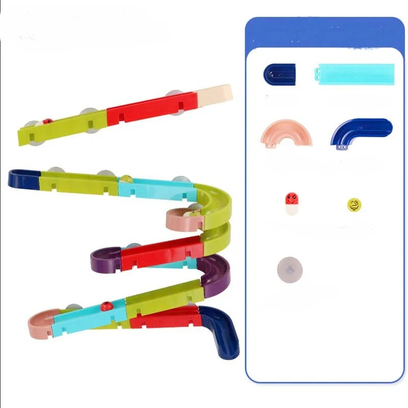 DIY baby bath toys set with marble race run track and automatic sprinkler