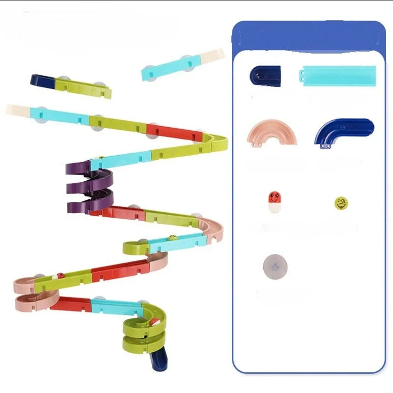 DIY baby bath toys set with marble race run track and automatic sprinkler