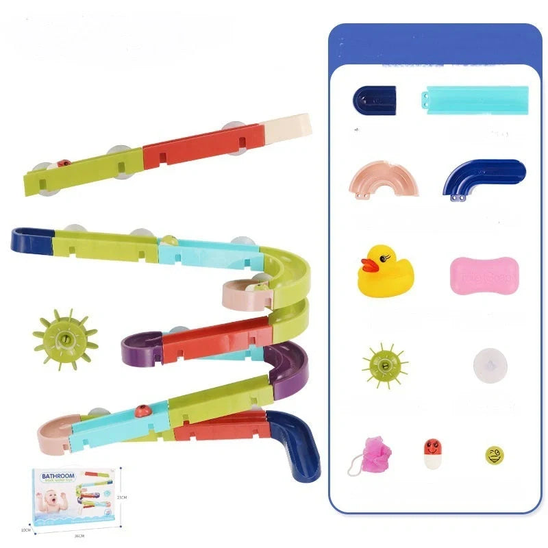 DIY baby bath toys set with marble race run track and automatic sprinkler