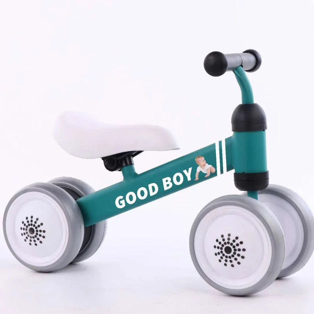 Sturdy three-wheeled balance bike for British toddlers with durable steel frame, comfortable PU leather seat, and smooth-rolling EVA foam tyres