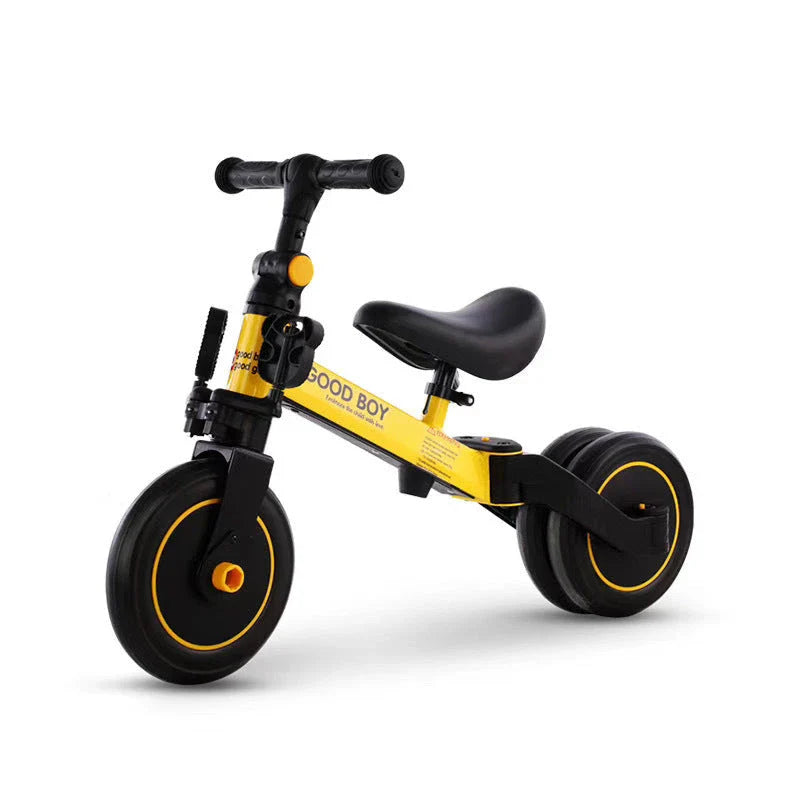 Sturdy three-wheeled balance bike for British toddlers with durable steel frame, comfortable PU leather seat, and smooth-rolling EVA foam tyres