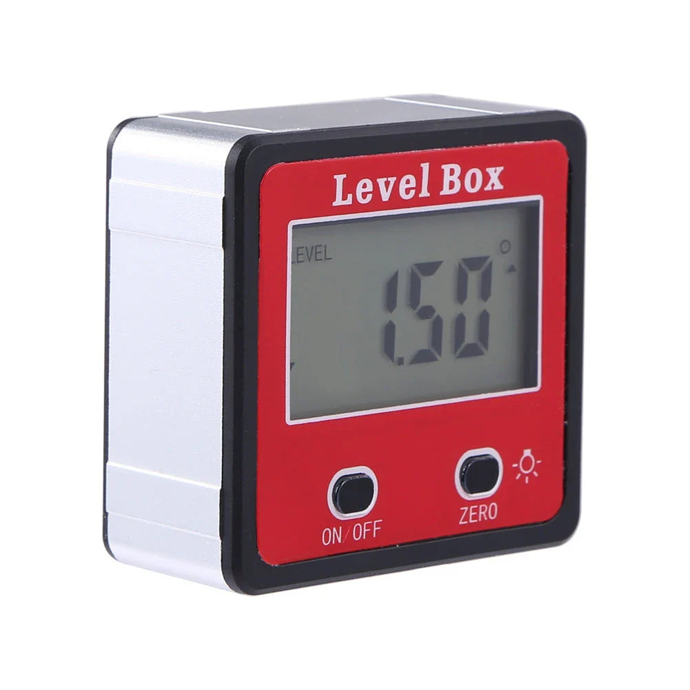 Digital angle ruler with large backlit LCD display, magnetic base, and precise 0-360 degree measurement range