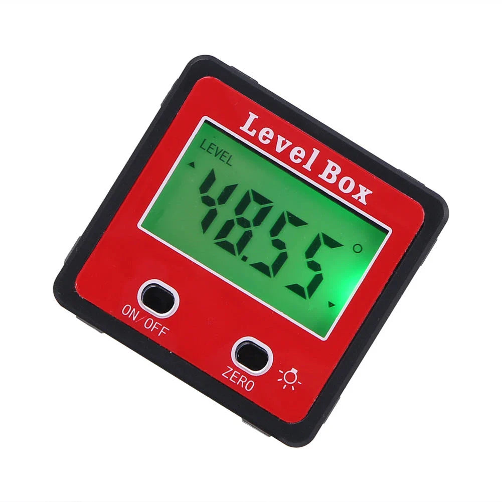 Digital angle ruler with large backlit LCD display, magnetic base, and precise 0-360 degree measurement range