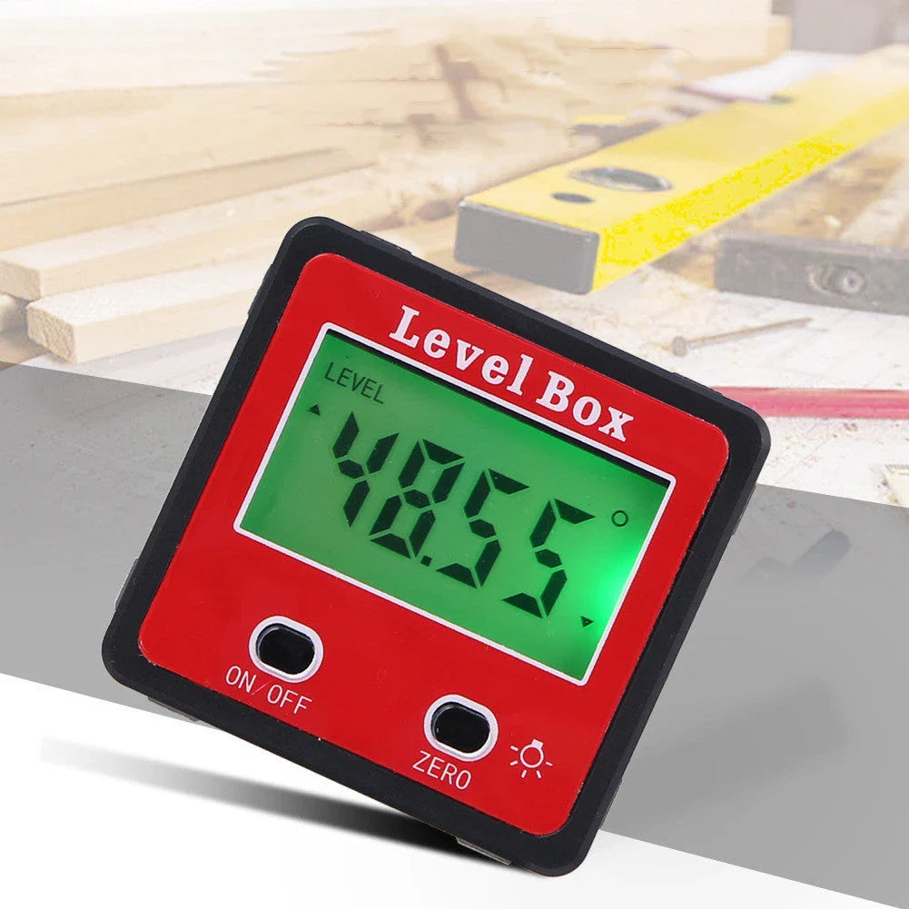 Digital angle ruler with large backlit LCD display, magnetic base, and precise 0-360 degree measurement range