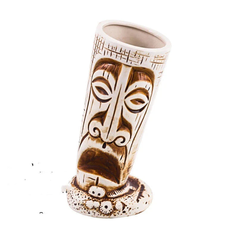 A ceramic tiki mug with a 3D decorative face, perfect for tropical cocktails, smoothies, and other chilled beverages.
