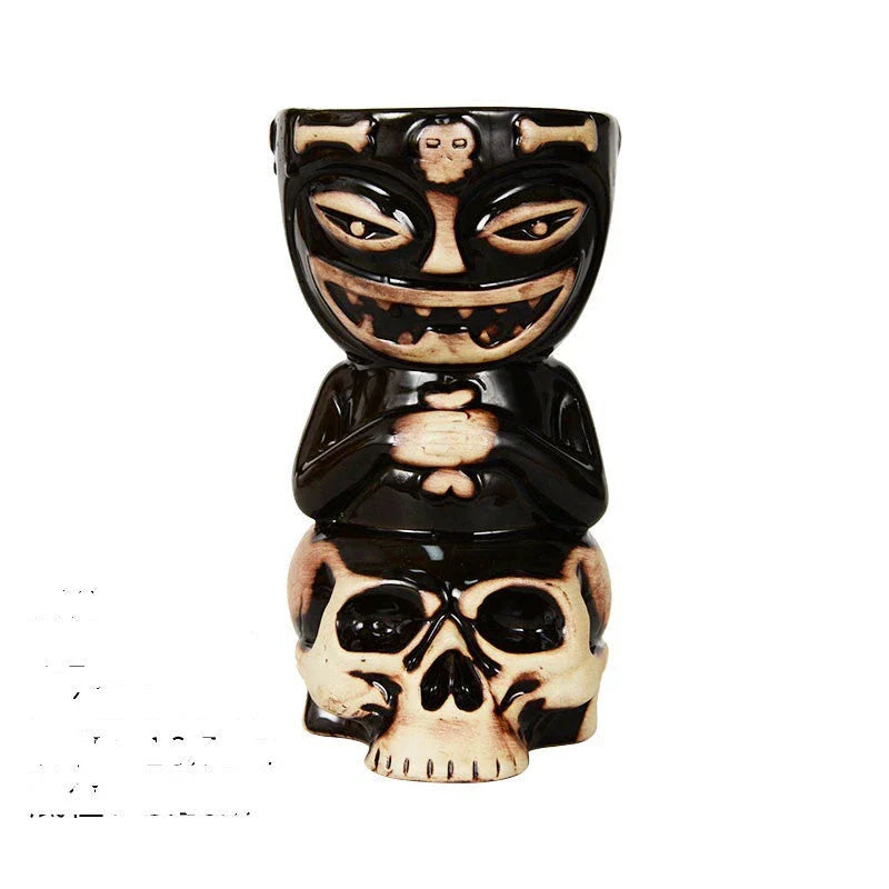 A ceramic tiki mug with a 3D decorative face, perfect for tropical cocktails, smoothies, and other chilled beverages.