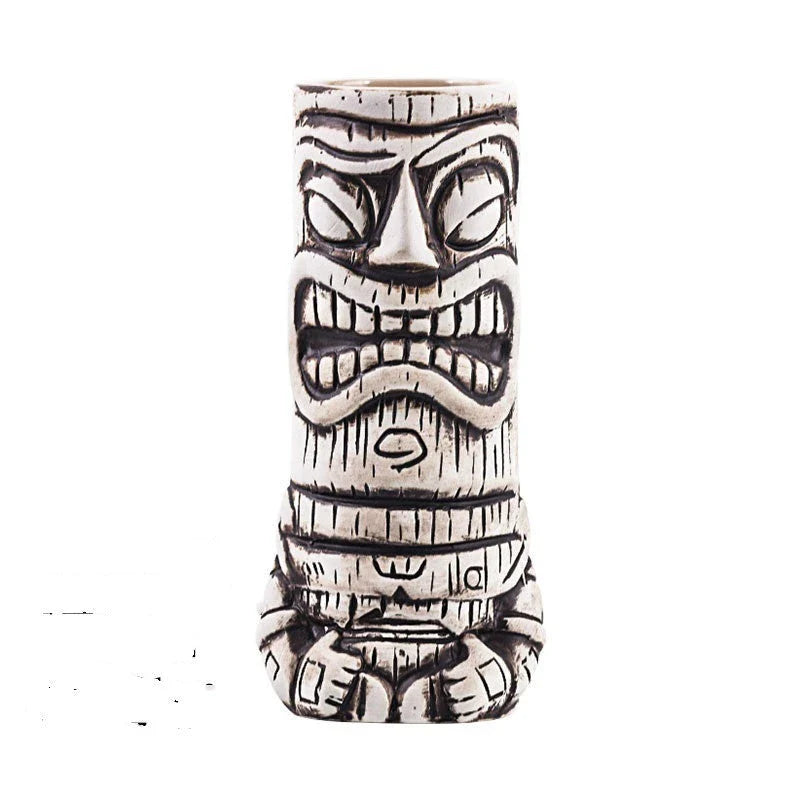 A ceramic tiki mug with a 3D decorative face, perfect for tropical cocktails, smoothies, and other chilled beverages.
