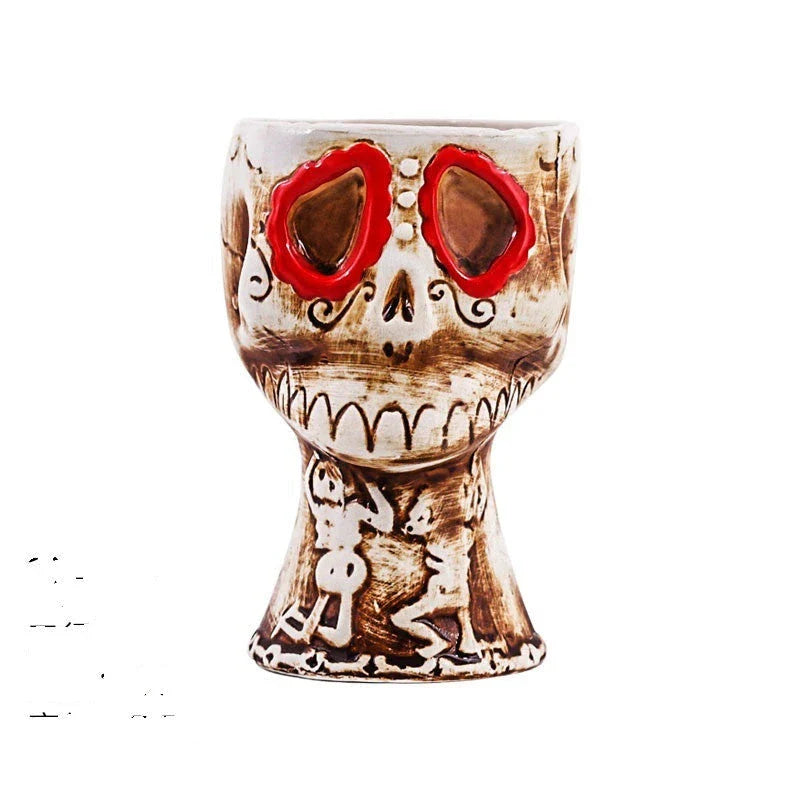 A ceramic tiki mug with a 3D decorative face, perfect for tropical cocktails, smoothies, and other chilled beverages.