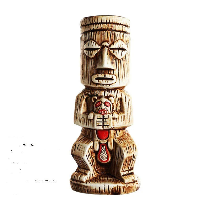 A ceramic tiki mug with a 3D decorative face, perfect for tropical cocktails, smoothies, and other chilled beverages.