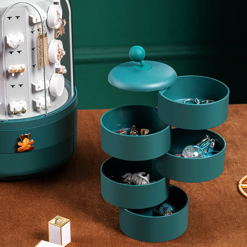 Fashion 360 Rotating Jewelry Box in white and green with transparent dust cover
