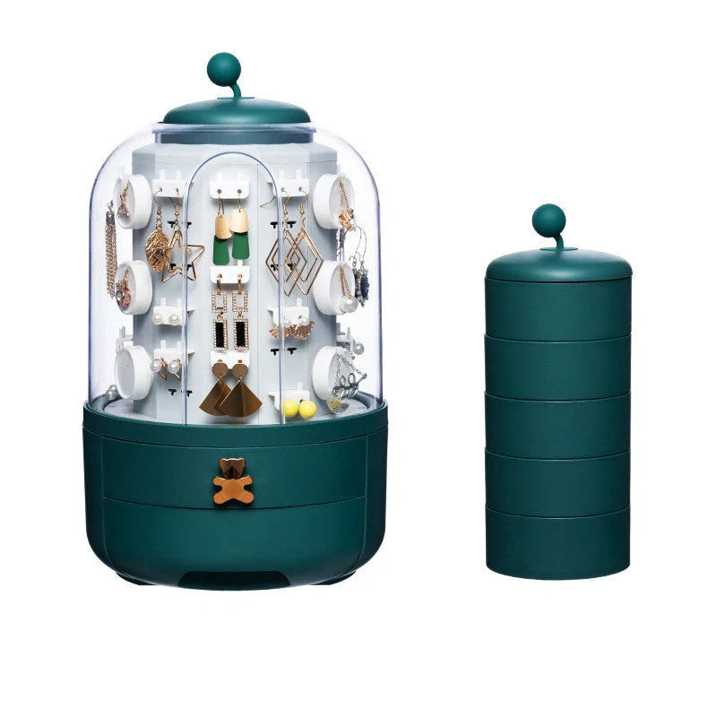 Fashion 360 Rotating Jewelry Box in white and green with transparent dust cover