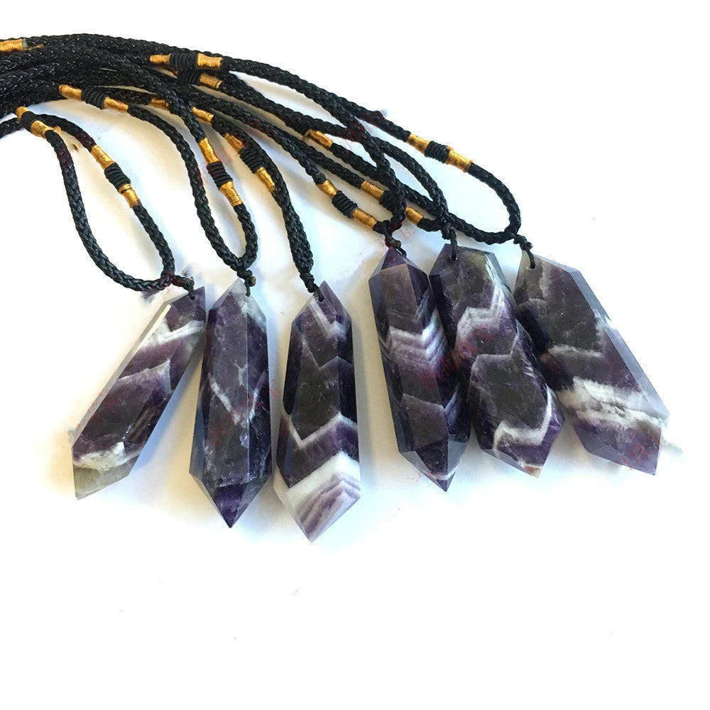 A natural amethyst double-pointed crystal pendant with unique iridescent lines and captivating hues, handcrafted from genuine fluorite quartz.