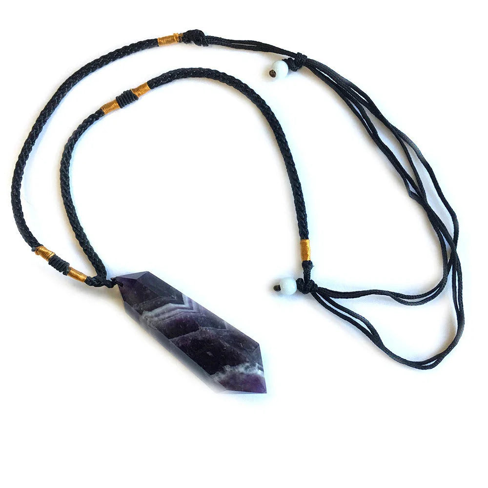 A natural amethyst double-pointed crystal pendant with unique iridescent lines and captivating hues, handcrafted from genuine fluorite quartz.