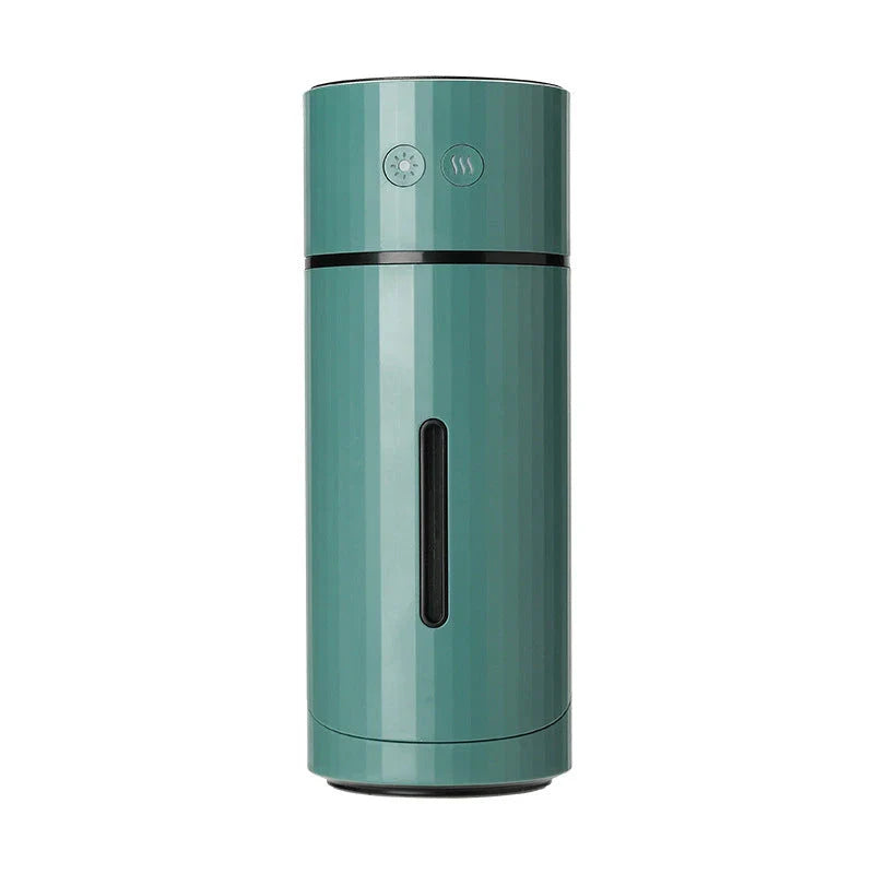 Compact USB-powered humidifier with adjustable mist, night light, and dual spray modes for desks and cars