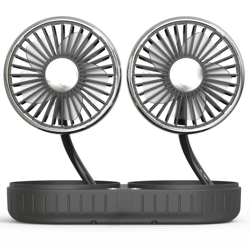 Dual-Head USB Car Fan with silicone hose, multi-angle rotation, and compact design for cooling comfort in vehicles and offices