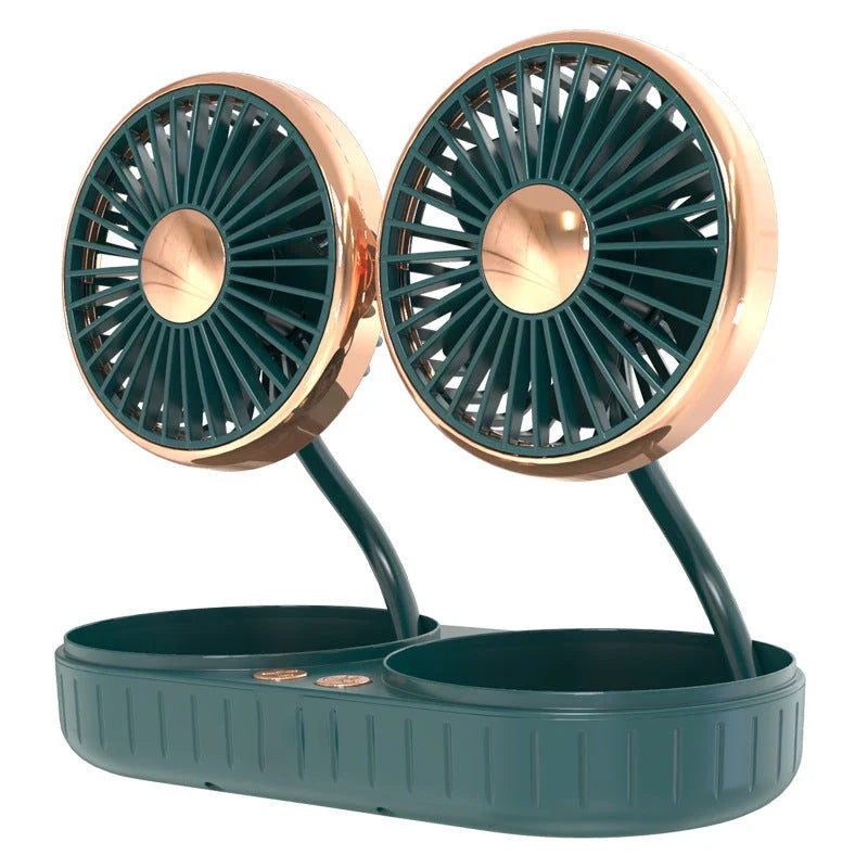 Dual-Head USB Car Fan with silicone hose, multi-angle rotation, and compact design for cooling comfort in vehicles and offices