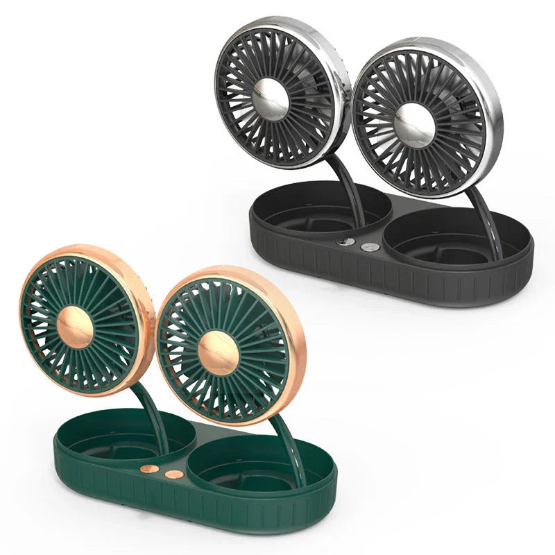 Dual-Head USB Car Fan with silicone hose, multi-angle rotation, and compact design for cooling comfort in vehicles and offices