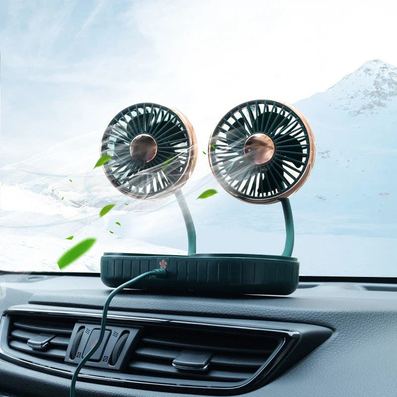 Dual-Head USB Car Fan with silicone hose, multi-angle rotation, and compact design for cooling comfort in vehicles and offices