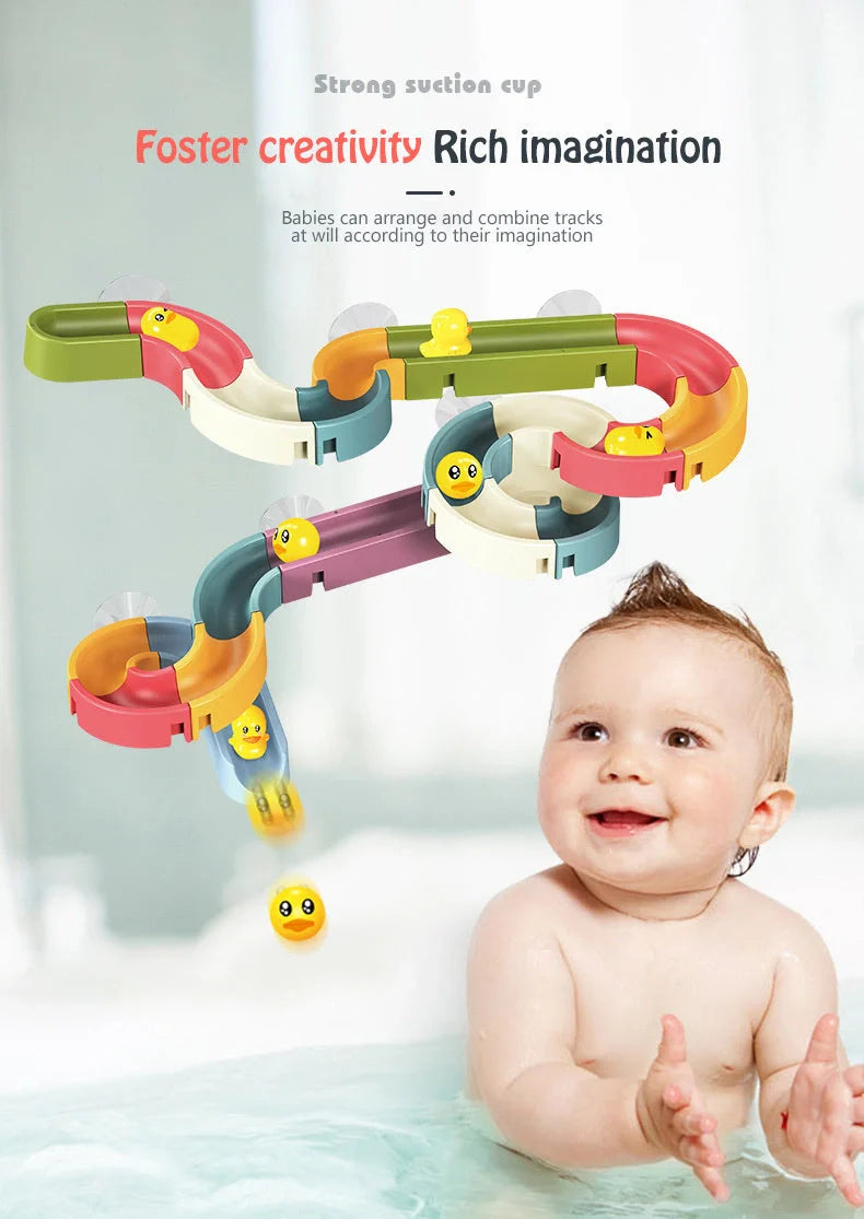 DIY baby bath toys set with marble race run track and automatic sprinkler