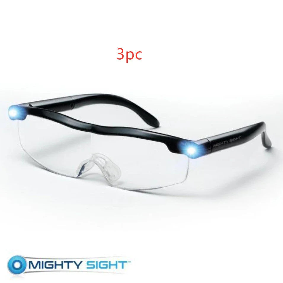 USB-powered reading glasses with transparent frame and integrated LED lighting for improved visibility and reduced eye strain