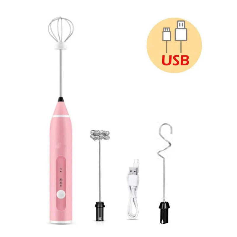 Rechargeable electric milk frother, foam maker, whisk, blender, and egg beater in various colours