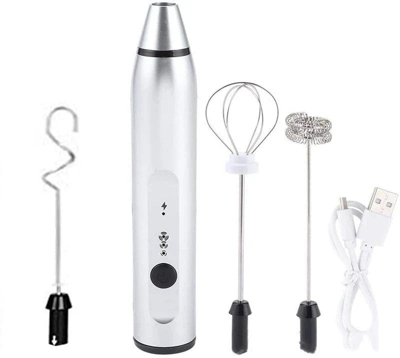 Rechargeable electric milk frother, foam maker, whisk, blender, and egg beater in various colours