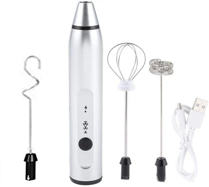 Rechargeable electric milk frother, foam maker, whisk, blender, and egg beater in various colours