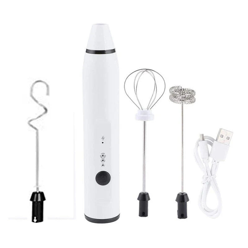 Rechargeable electric milk frother, foam maker, whisk, blender, and egg beater in various colours