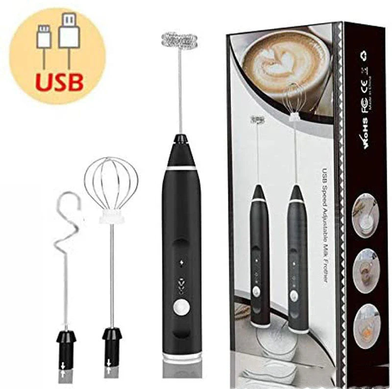 Rechargeable electric milk frother, foam maker, whisk, blender, and egg beater in various colours
