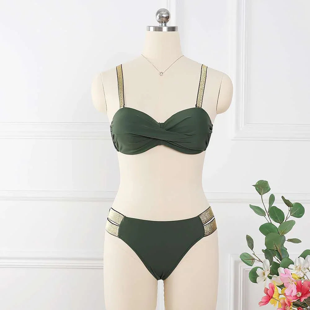 Sexy bandeau bikini sets for women in a variety of solid colors with push-up padded cups and ruched bottoms