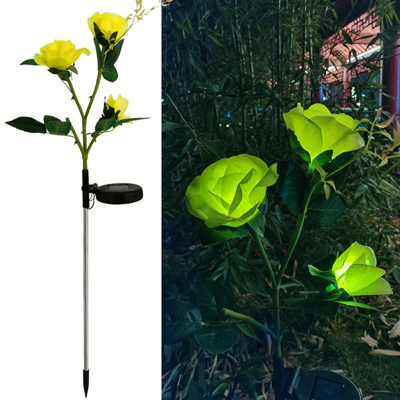 Solar-powered rose flower lights in red, pink, blue, white, and yellow colors for outdoor garden decor
