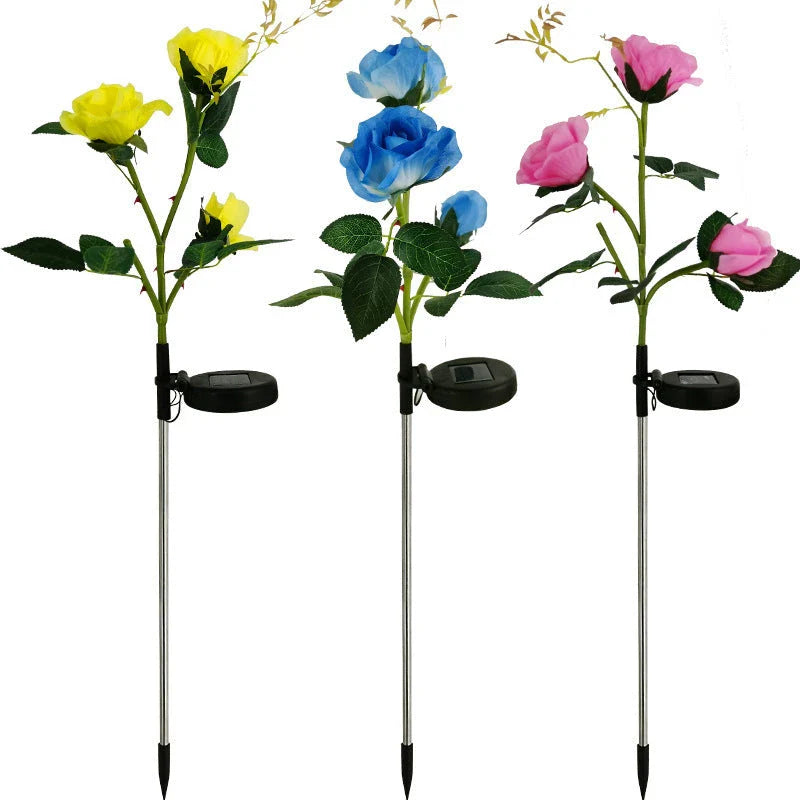 Solar-powered rose flower lights in red, pink, blue, white, and yellow colors for outdoor garden decor
