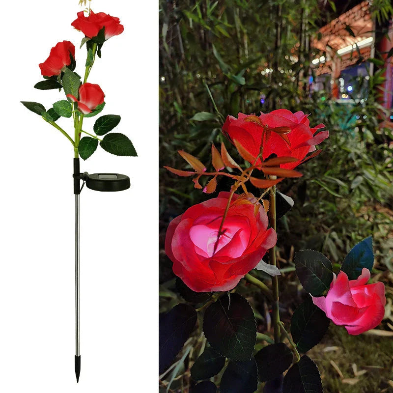 Solar-powered rose flower lights in red, pink, blue, white, and yellow colors for outdoor garden decor