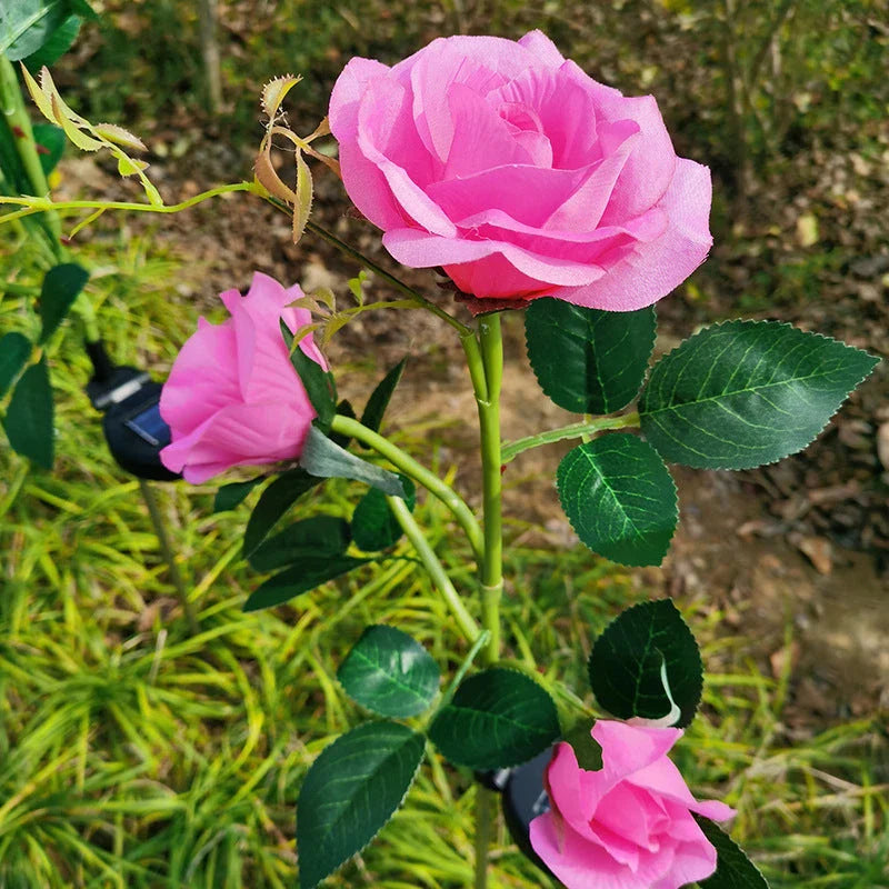 Solar-powered rose flower lights in red, pink, blue, white, and yellow colors for outdoor garden decor