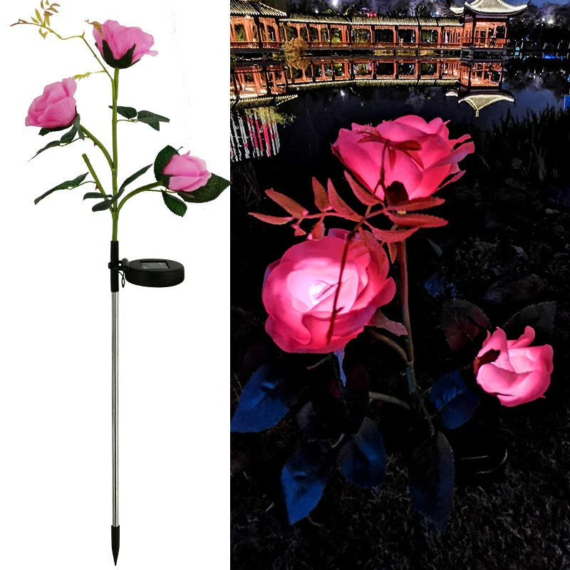Solar-powered rose flower lights in red, pink, blue, white, and yellow colors for outdoor garden decor