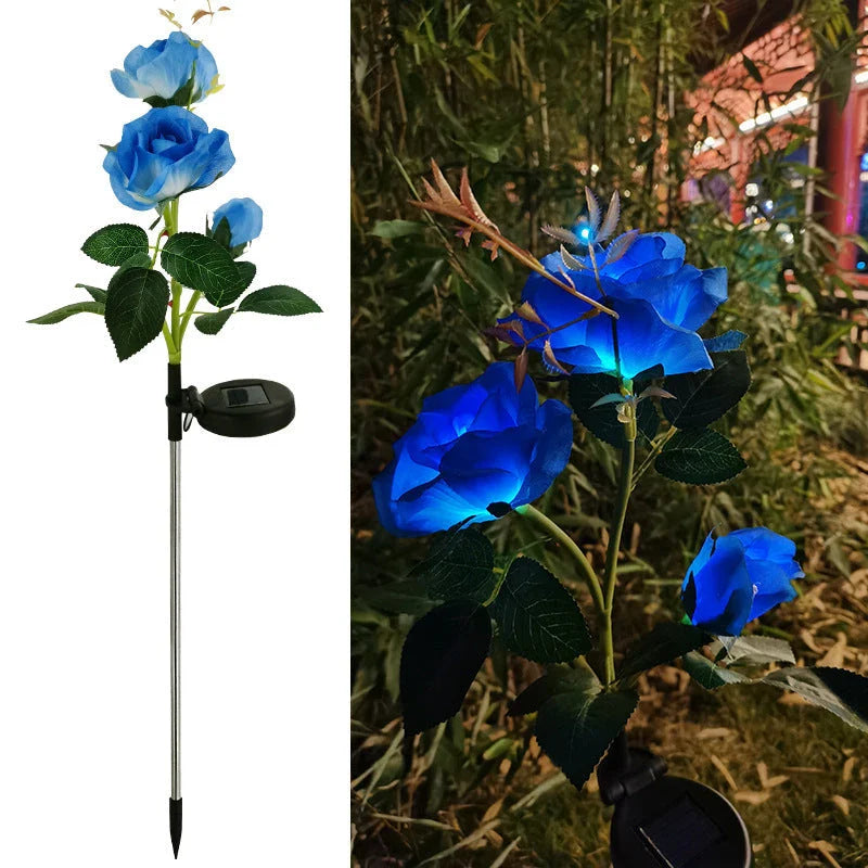 Solar-powered rose flower lights in red, pink, blue, white, and yellow colors for outdoor garden decor