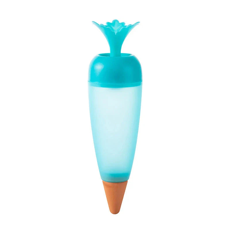 Automatic self-watering plant globes in blue and red colors with transparent design and terracotta bottom