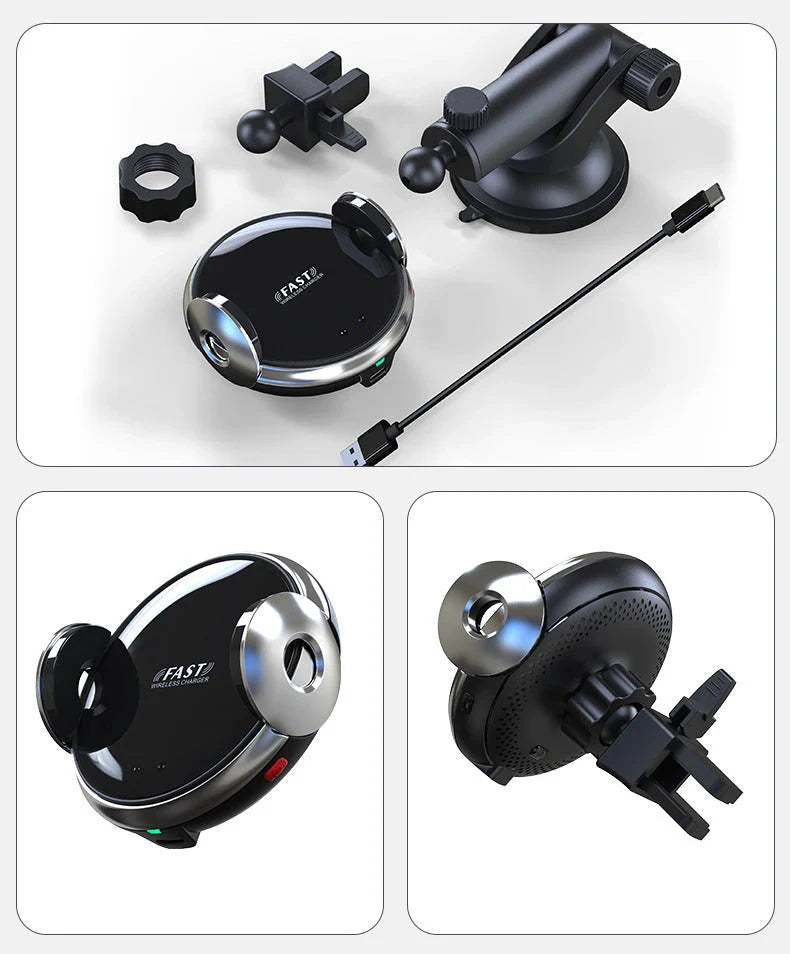 Magnetic car phone holder with wireless charging for smartphones, providing a secure and convenient in-car mount solution.