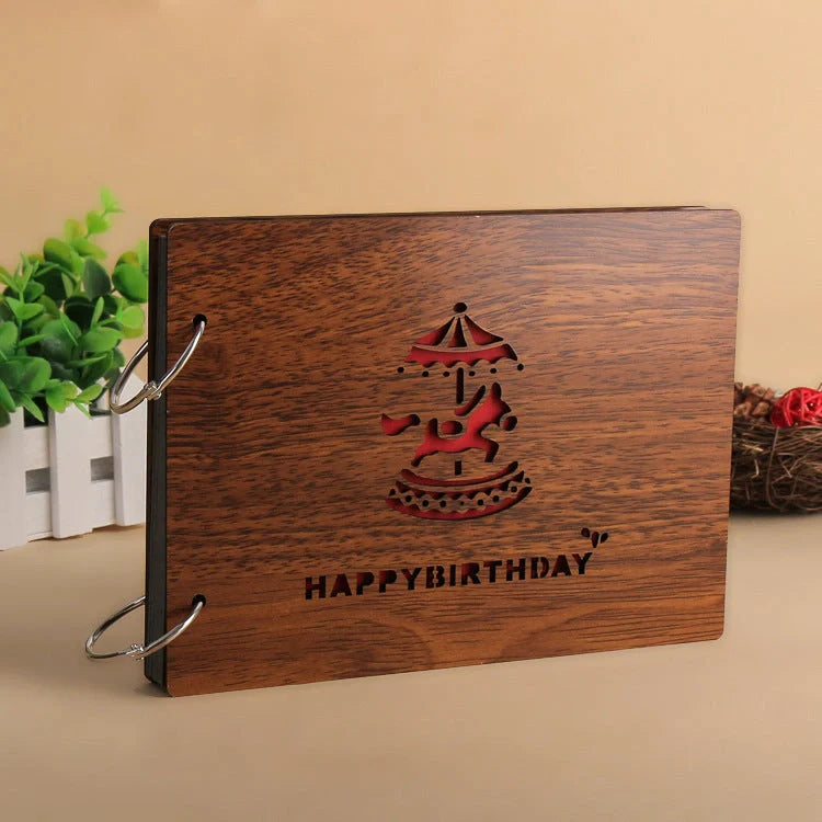 Handmade wooden photo album with custom designs for memory preservation