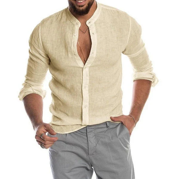 Versatile linen blend men's shirt in various colors and sizes, featuring a classic button-down design for comfortable and stylish wear.