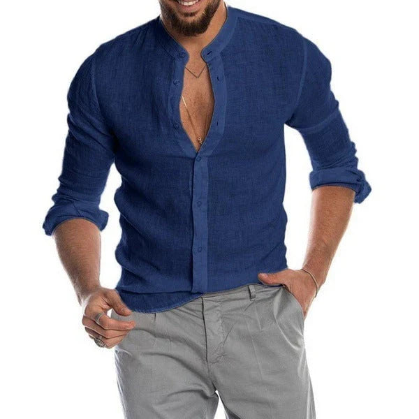 Versatile linen blend men's shirt in various colors and sizes, featuring a classic button-down design for comfortable and stylish wear.
